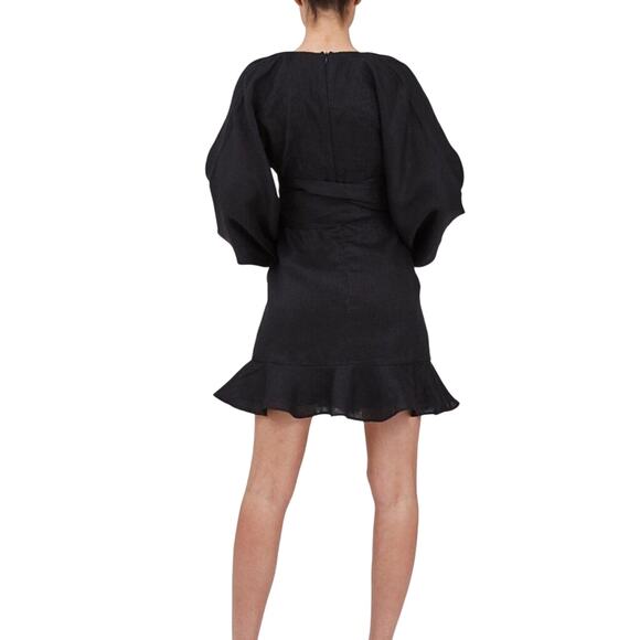 Keepsake Black Linen Balloon Sleeve Wrap Mini Dress M Cocktail Party NWT - Picture 2 of 6